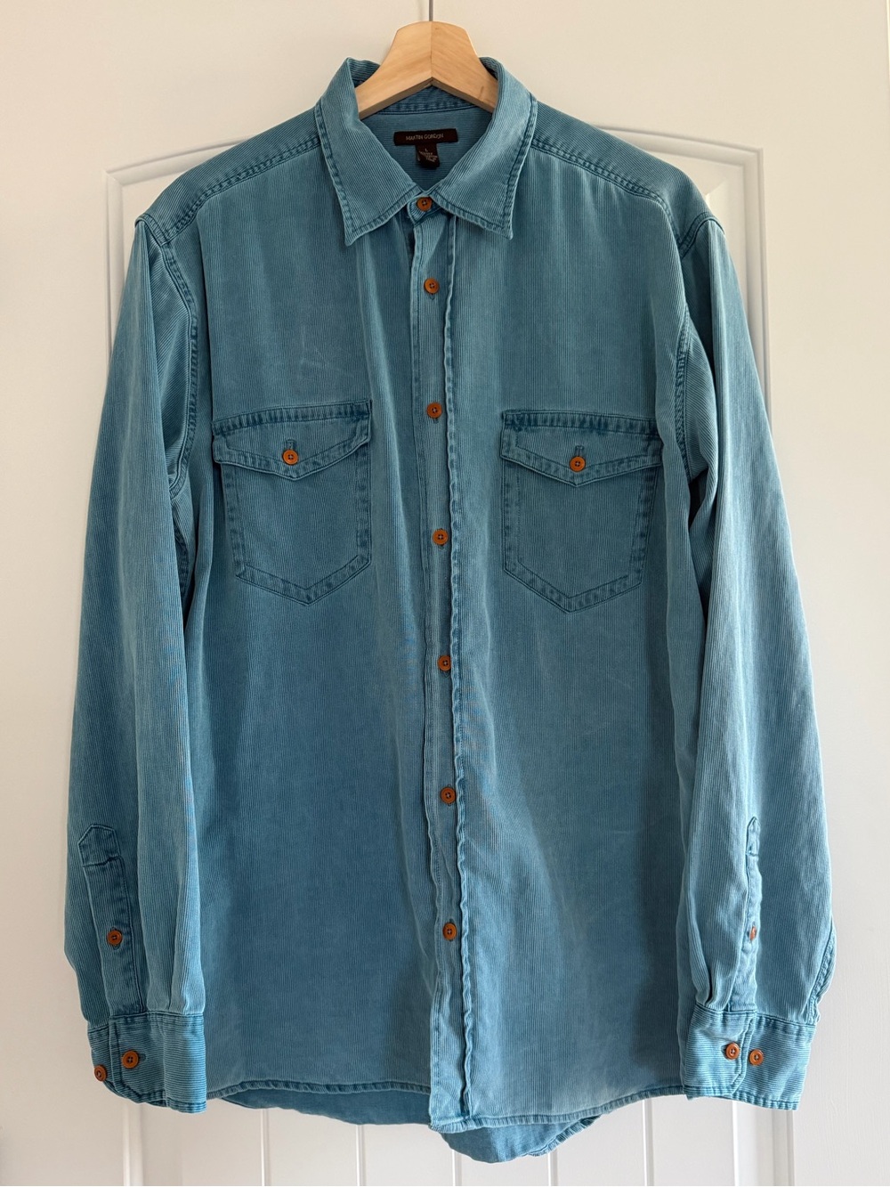 Martin Gordon Men's L Blue Solid Silk Cotton Blend Corduroy Button-Up L/S Shirt